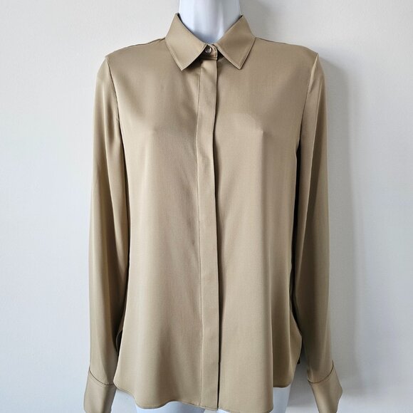 NWT THEORY Taupe Brown Silk Classic Fitted LS Blouse Shirt Top Small - Picture 1 of 7